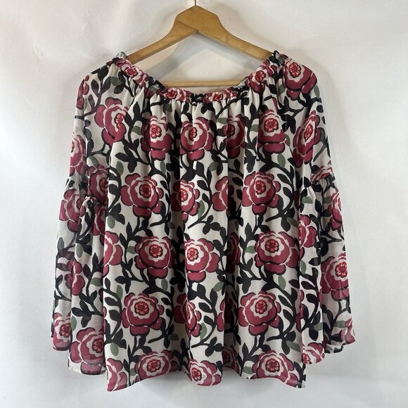 Loft Womens Blouse Top Size Large White Red Black Floral Flare Sleeve Peasant - Picture 6 of 9